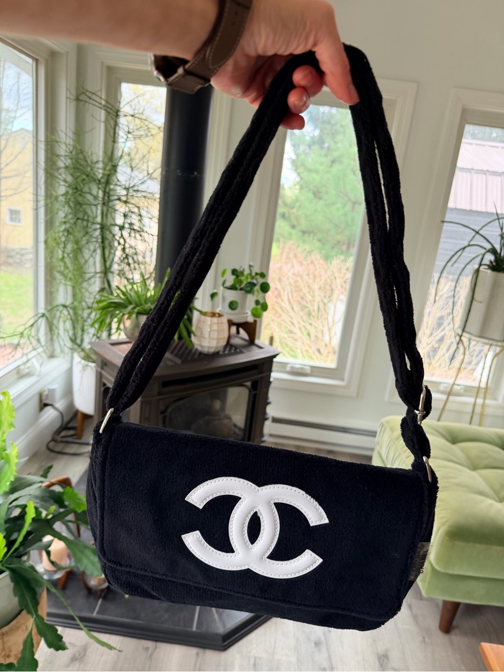 Chanel “Precision” VIP Shoulder Bag. Black Terry Cloth w White ‘CC’ NEW in Bag